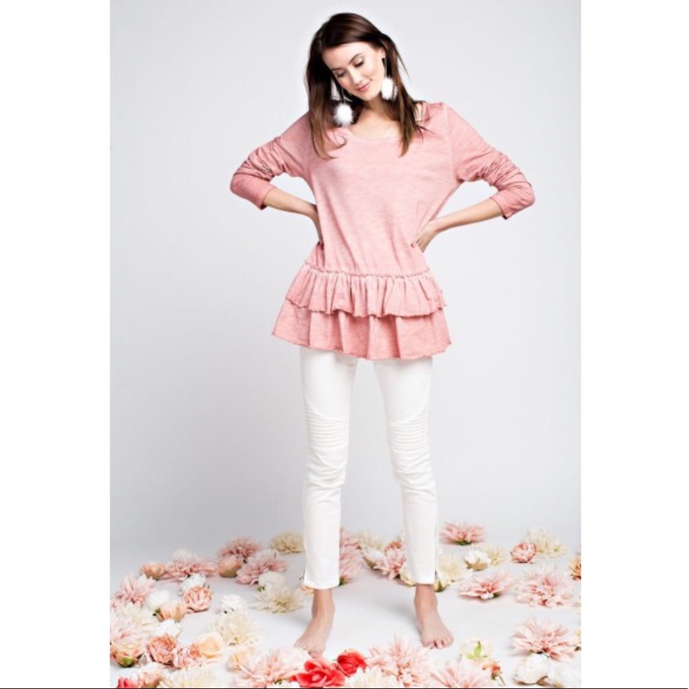 SALE❗️GLENDA RUFFLED PINK LONG SLEEVE TOP LARGE - Picture 2 of 3